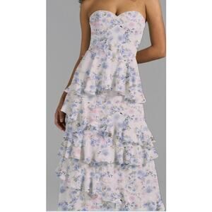 AW BRIDAL 6 S azure purple Nate floral tiered bridesmaid maxi dress NEW b100
